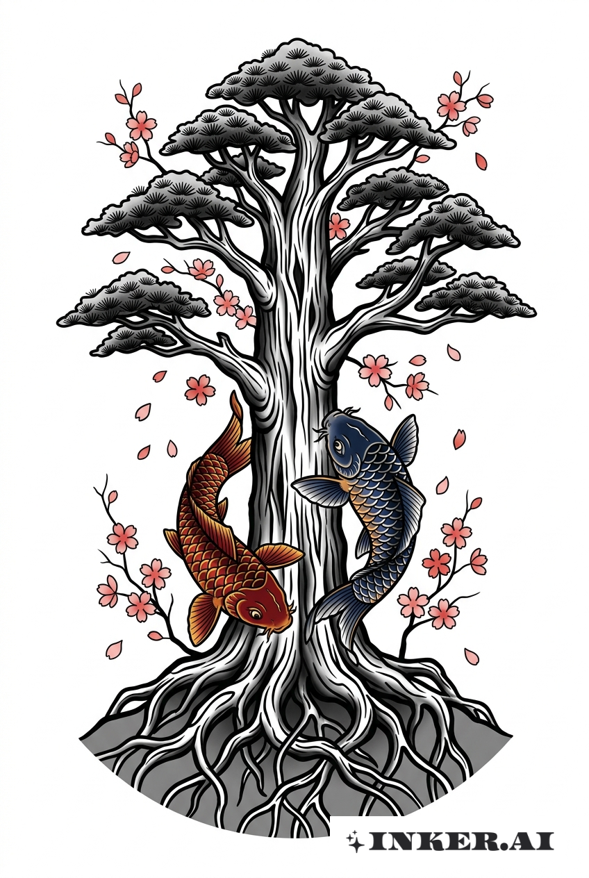 Arbre de séquoia avec koï et fleurs de cerisier