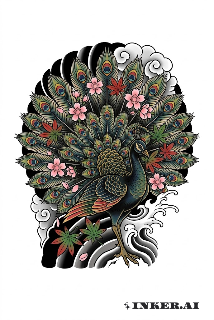 Japanese Peacock in Blooming Sakura