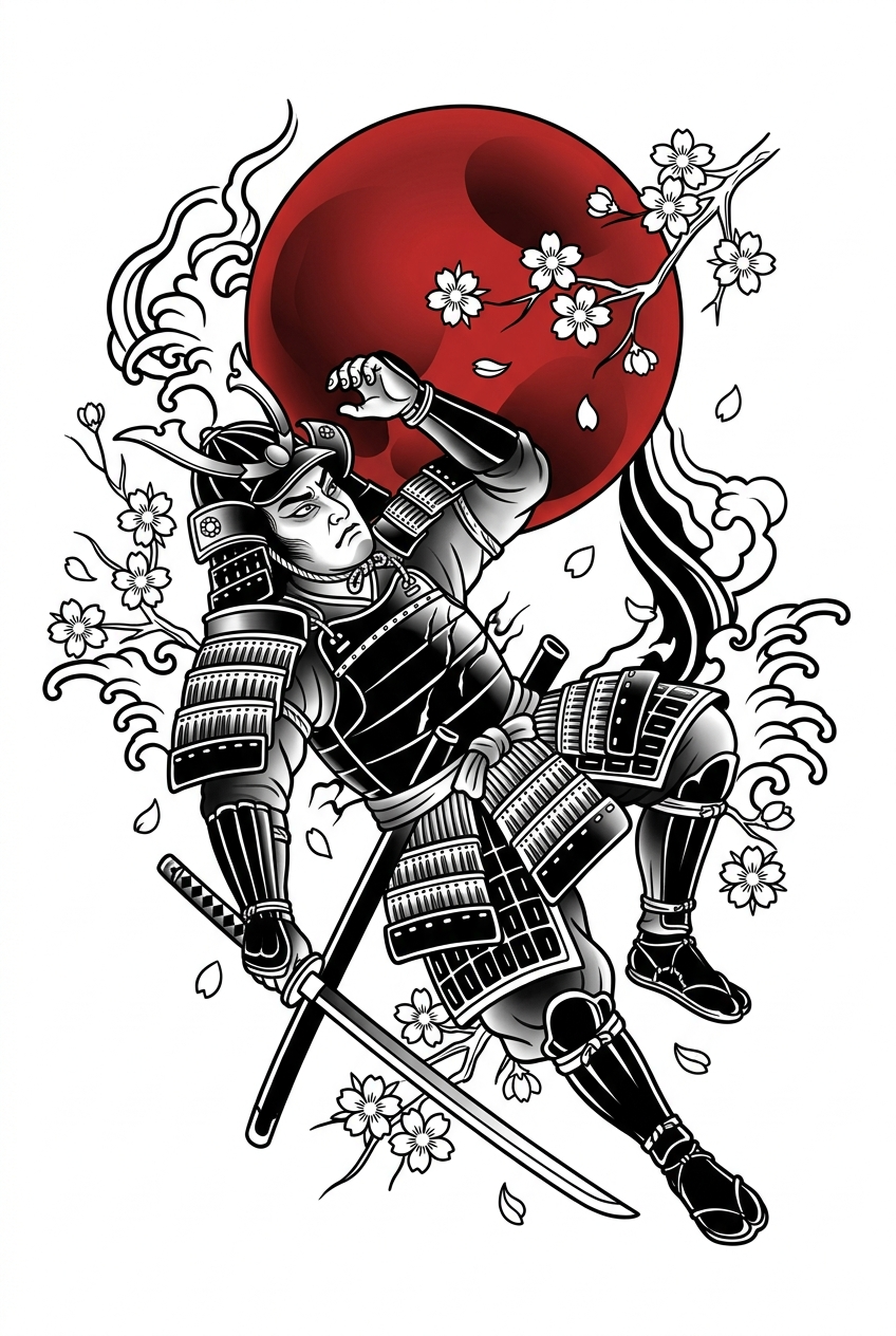 Samouraï tombant sous la Lune de Sang