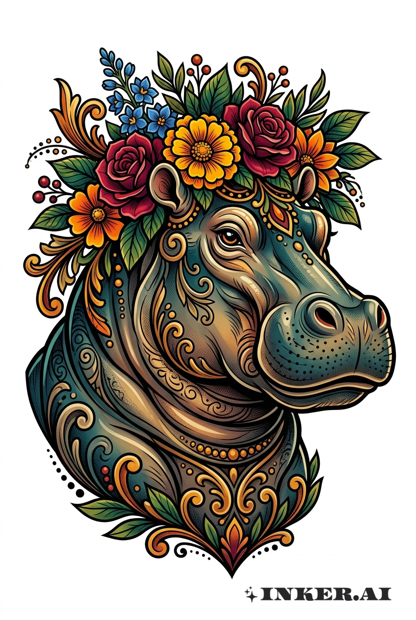 Neo-Traditional Nilpferd mit Blumenkronen