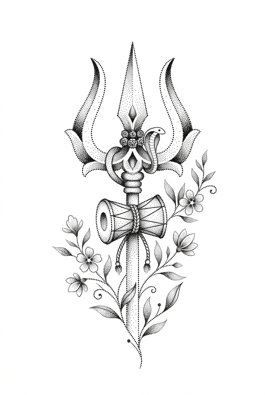 Dotwork Sacré Trishul avec Accents Floraux
