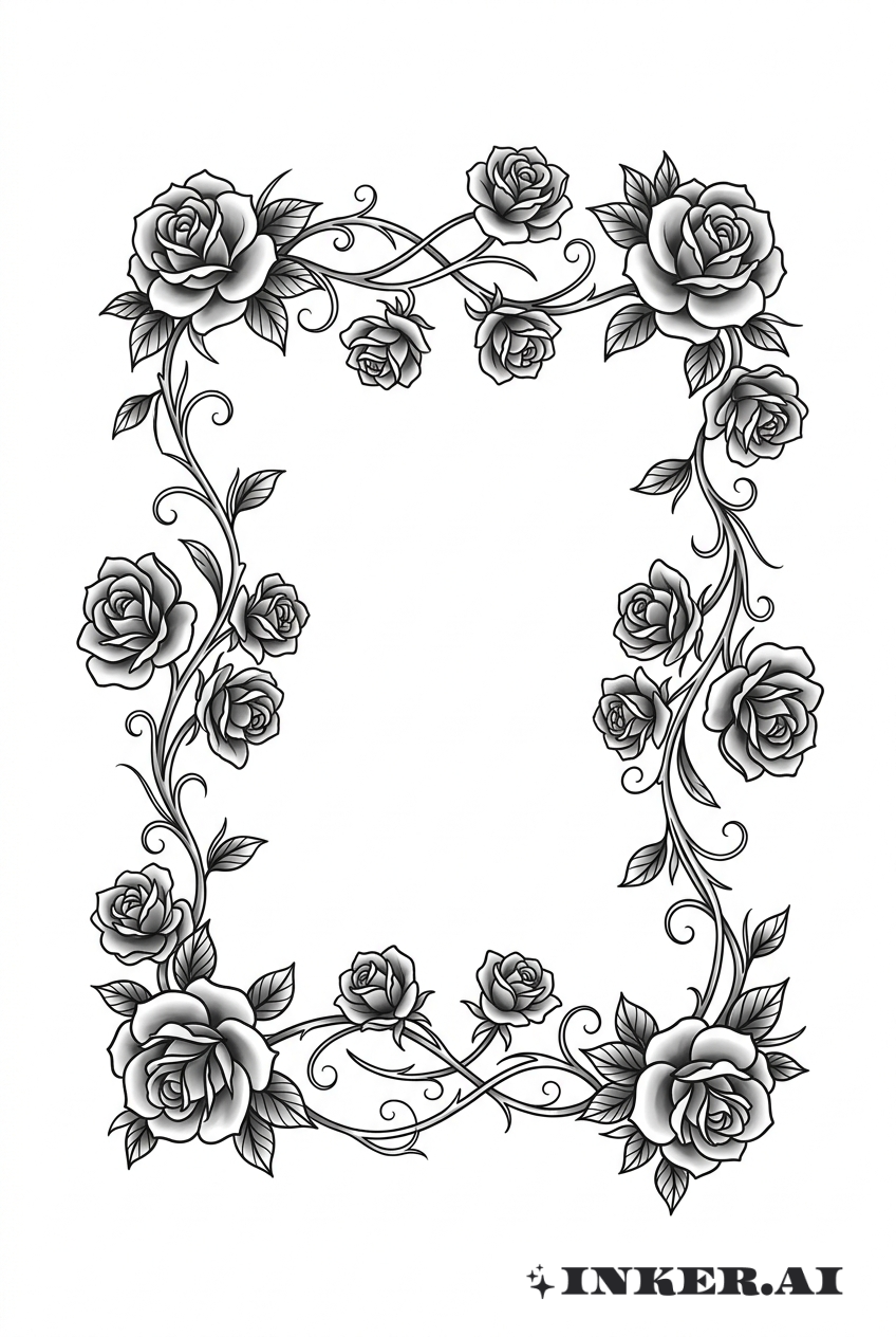 一个精美黑灰色的玫瑰藤蔓纹身设计，形成优雅的花卉框架，细节非常精致。