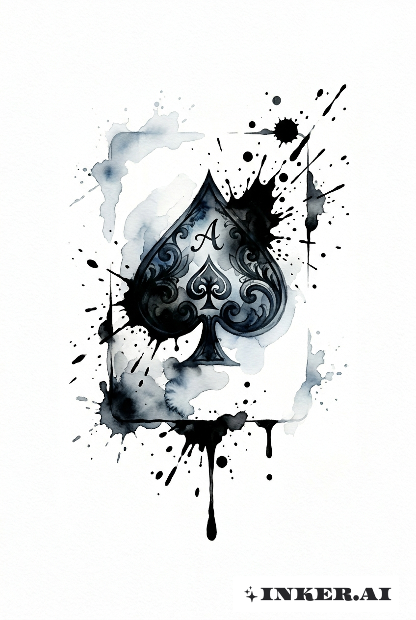 As de Pique en Aquarelle avec Éclaboussures d’Encre