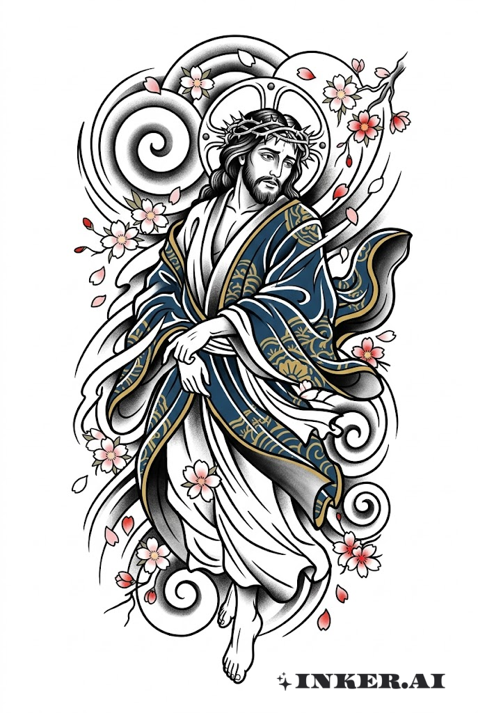 Chúa Giê-su Nhật Bản trong Kimono với Hoa Anh Đào
