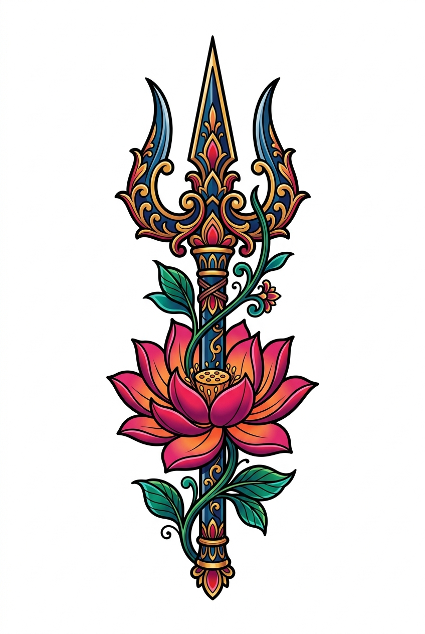 Trishul avec Fleur de Lotus Épanouie Neo-Traditionnel