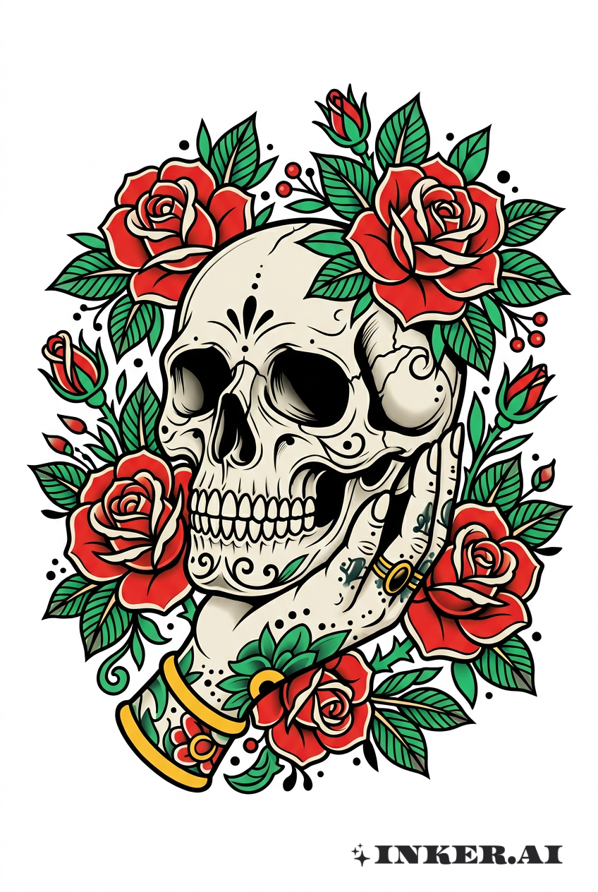 Schädelhand mit Rosen