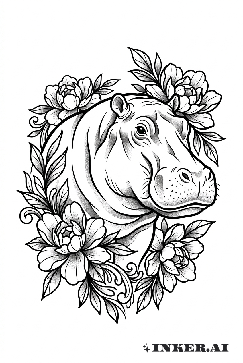 Schwarz-Graues Nilpferd mit Blumenornament