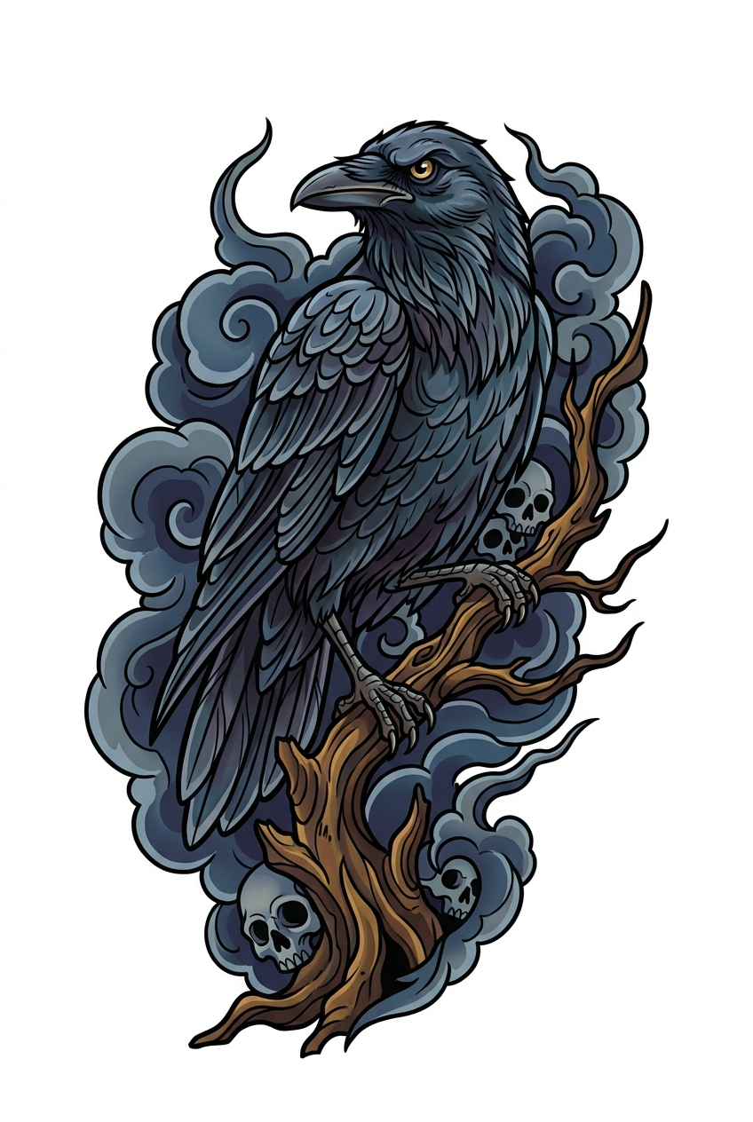 Corbeau Damné sur Branche Flétrie