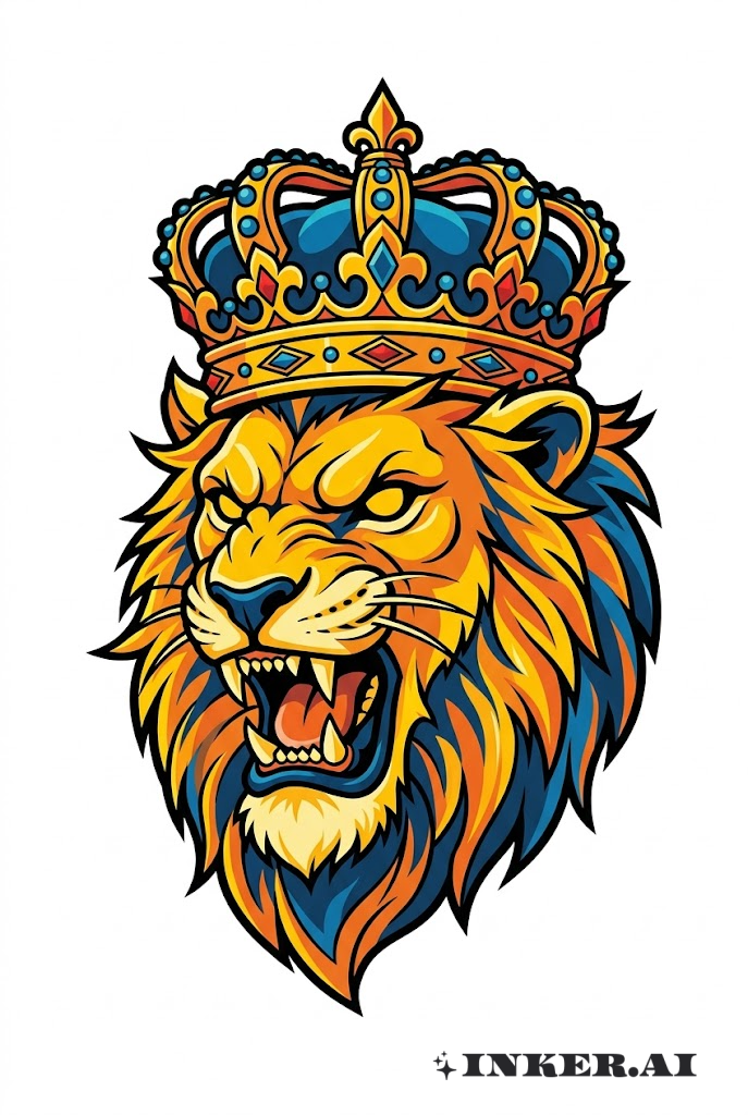 一幅色彩鲜明的雄狮纹身，雄狮头戴金色皇冠，周围环绕着新学派风格的复杂装饰元素。