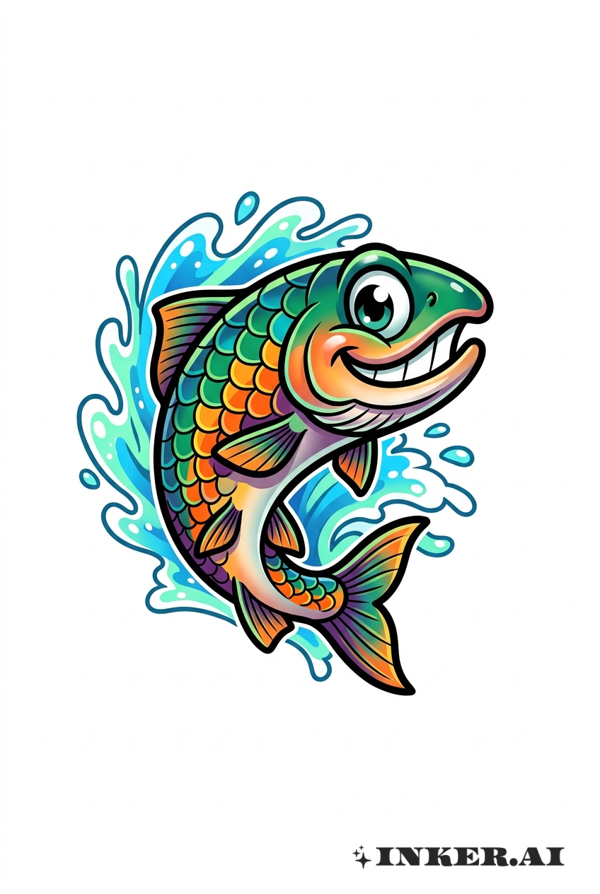 A vibrant cartoon-style image of a cheerful salmon with exaggerated features, big eyes, vibrant colors, and a playful vibe.