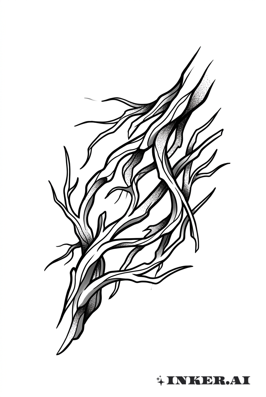 黒とグレーで描かれたねじれたレッドウッドの枝