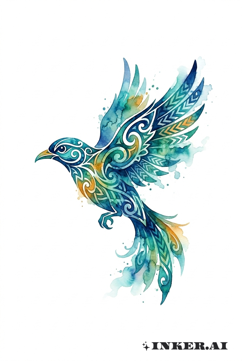 Motif de tatouage oiseau maori en aquarelle