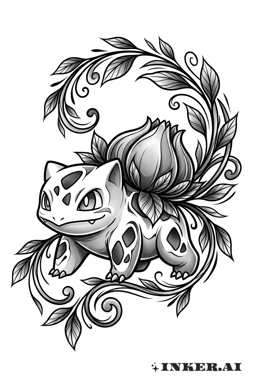 Bulbasaur Lá Xoắn Màu Đen và Xám