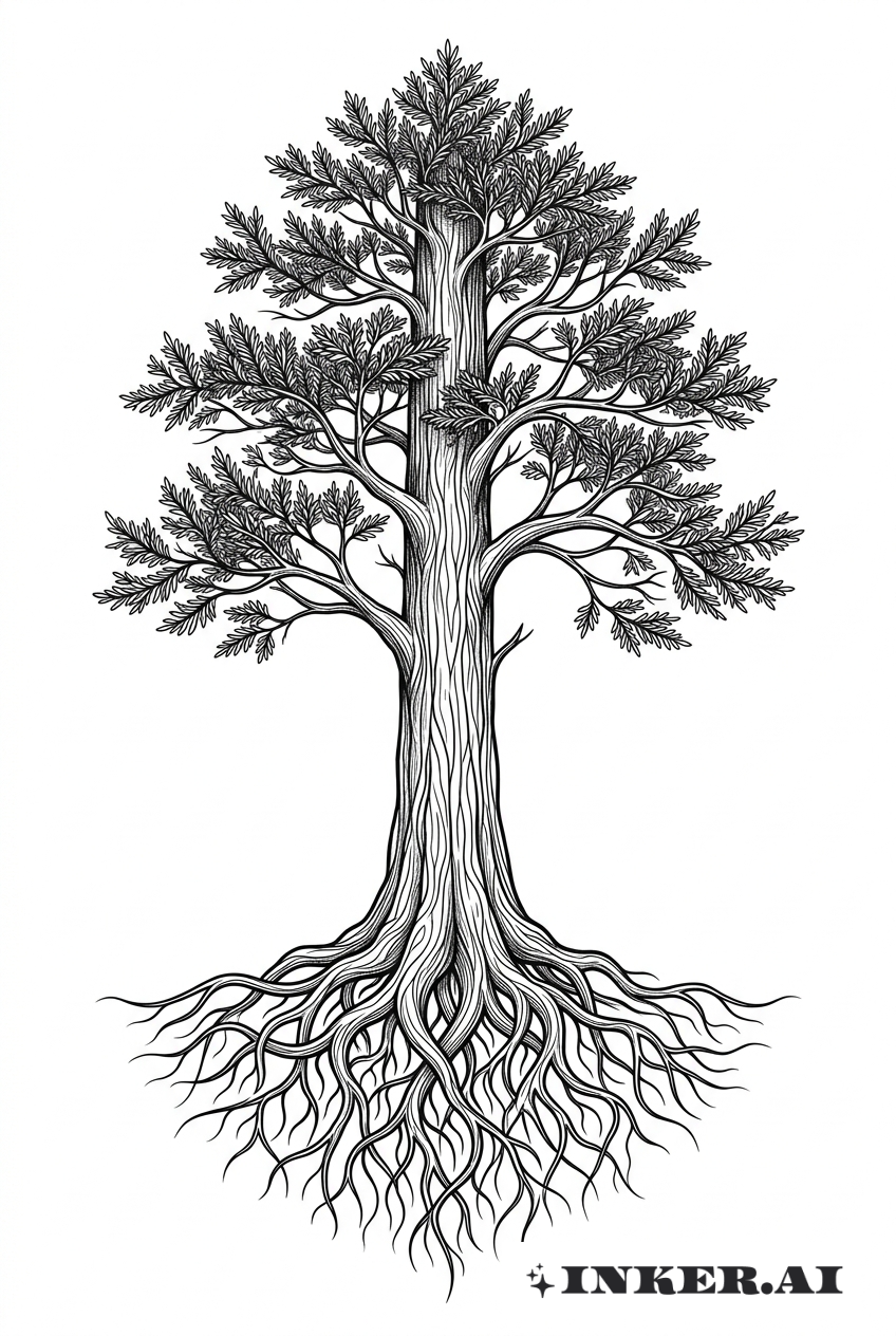 レッドウッドの木の根と枝のラインワーク