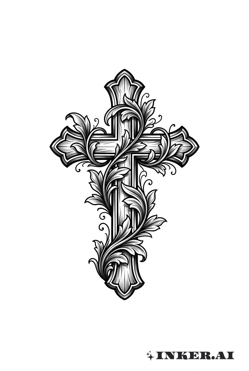 Una cruz de estilo chicano detallada, entrelazada con elegantes vides y elementos florales, representando un motivo clásico de tatuaje.