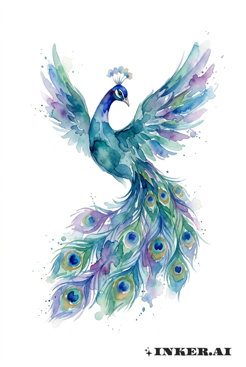 Paon Déployant des Ailes en Aquarelle