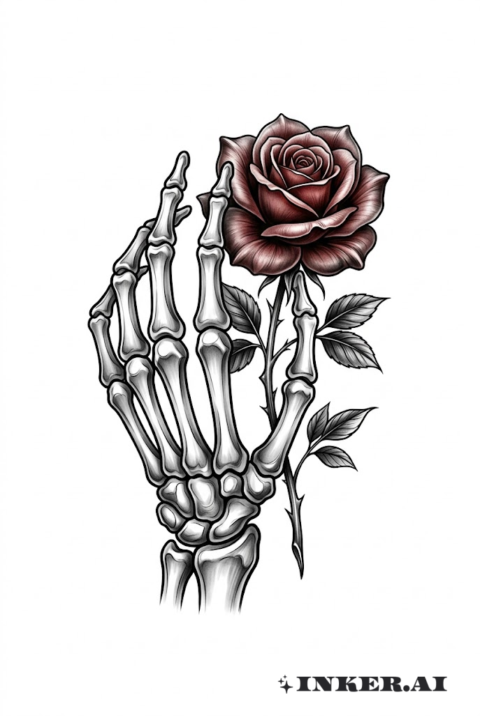 骷髅手握玫瑰写实风