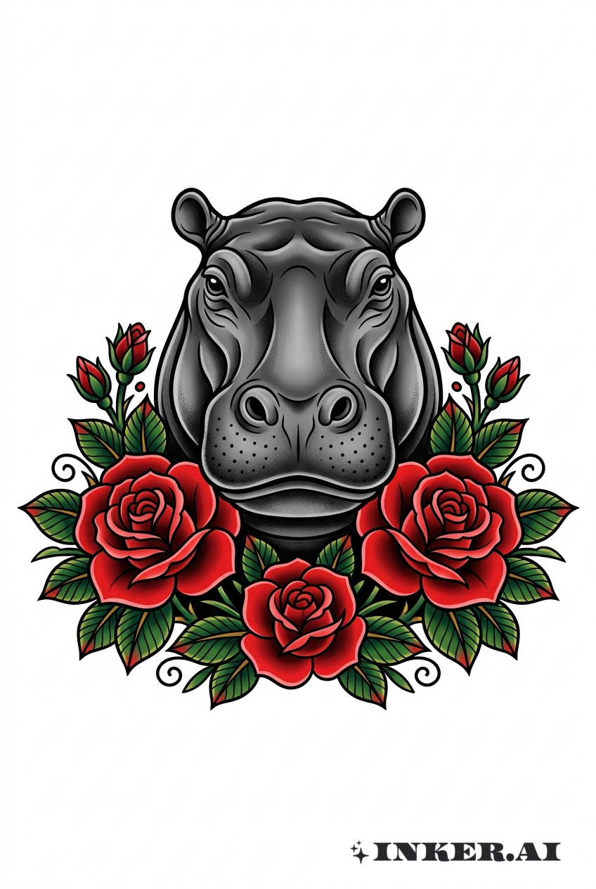 Nilpferd mit Rose Traditionelles Tattoo