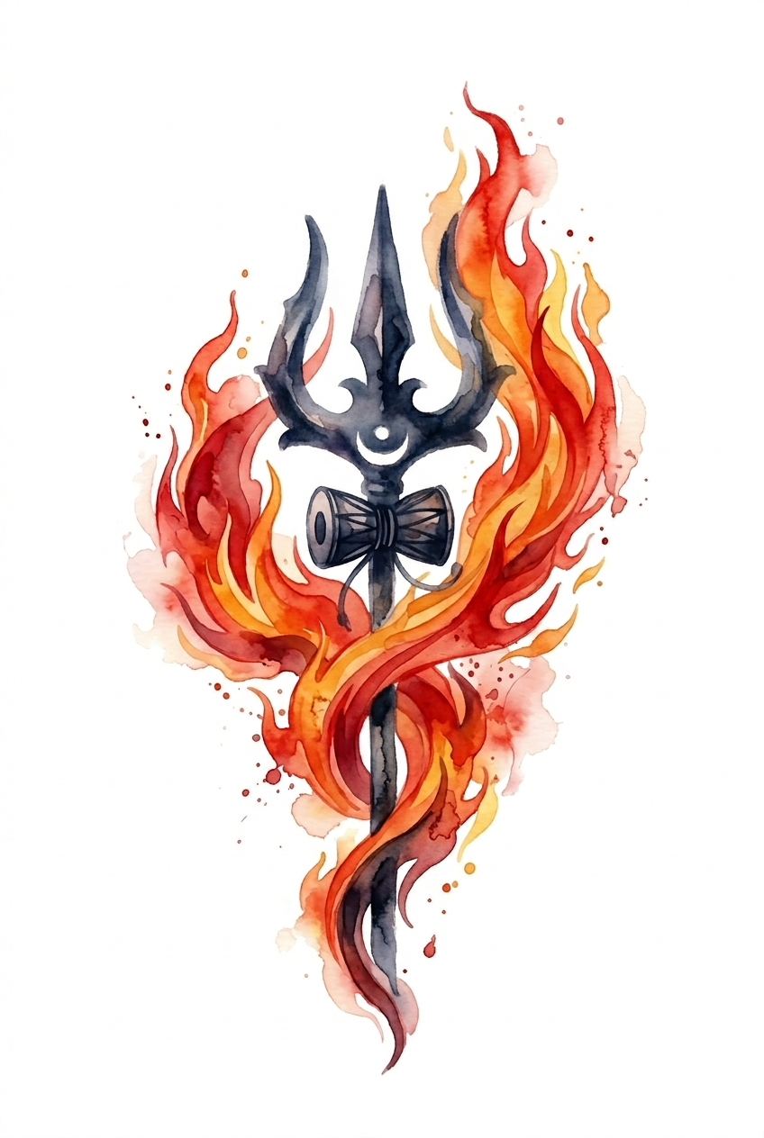 Trishul avec Flammes à l'Aquarelle