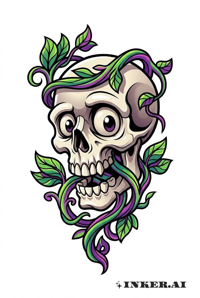 一个色彩鲜艳的骷髅缠绕着绿色藤蔓和叶子，采用新派风格，线条粗犷，呈现戏剧性、卡通化的设计。