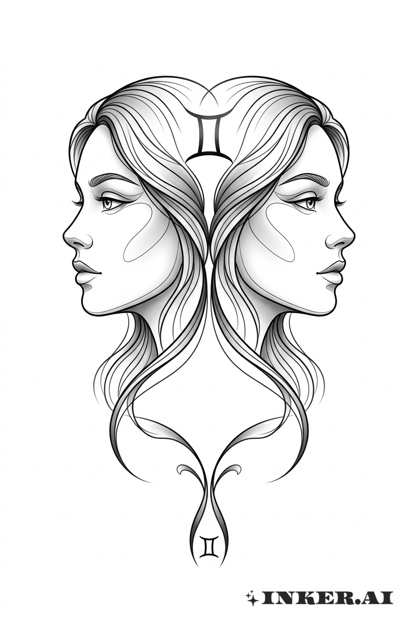 雙子雙面線條刺青