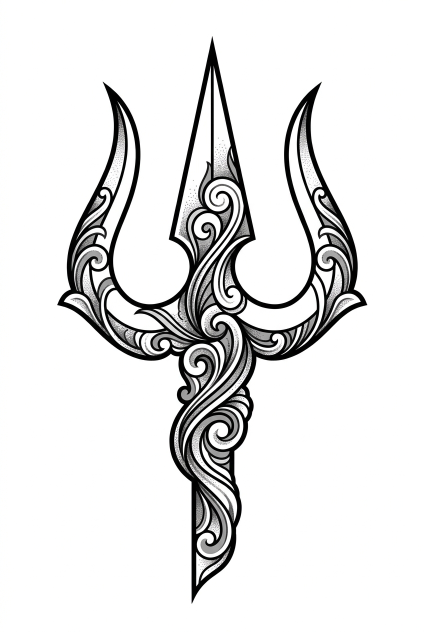 Trishul avec des tourbillons noirs et gris ornés