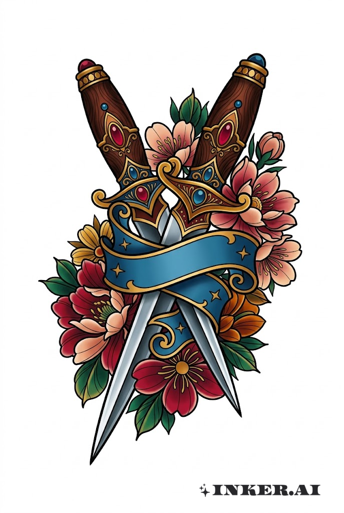 Couteau avec Bannière et Fleurs