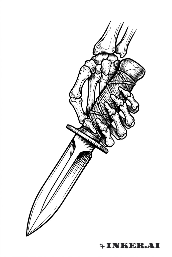 Croquis de main squelettique tenant un couteau