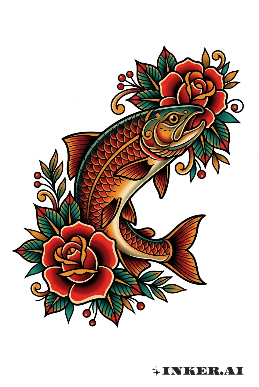 三文鱼与传统花卉框架