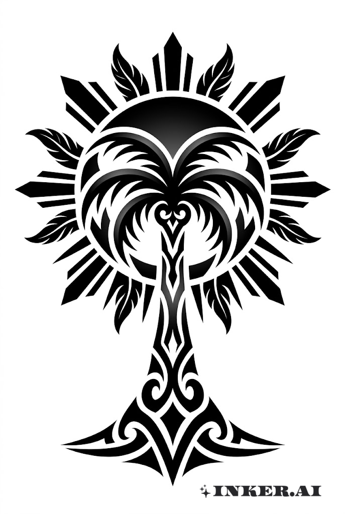 Escena de puesta de sol tropical con palmera tribal