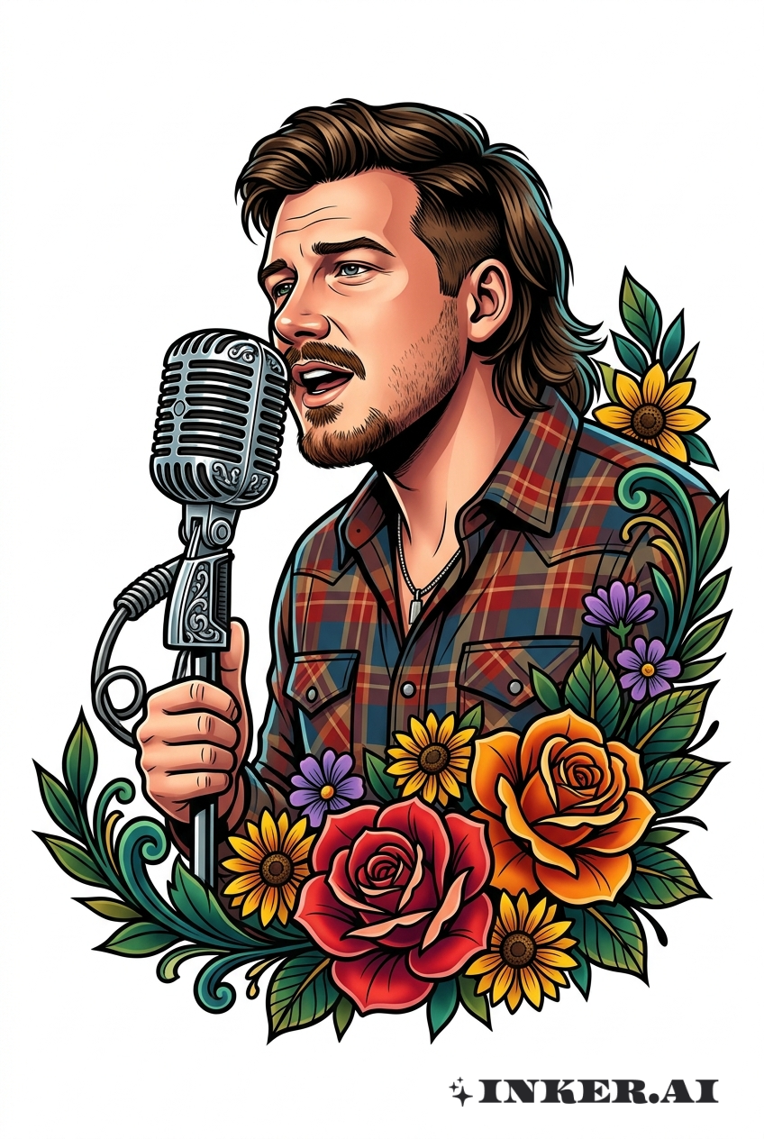 Morgan Wallen et scène florale avec micro