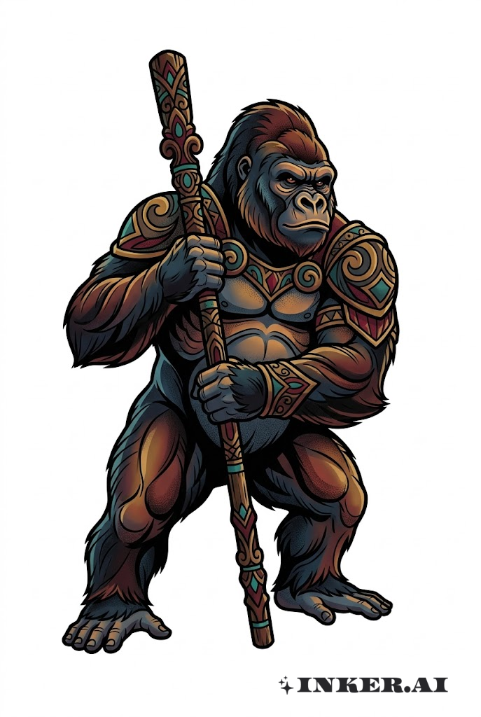 Neo-Traditioneller Gorilla-Krieger in Kampfpose