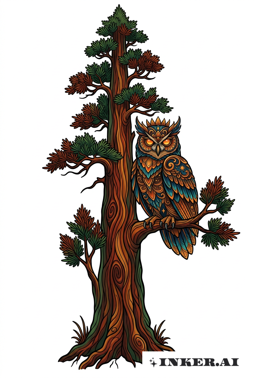 レッドウッドの木と神秘的なフクロウ