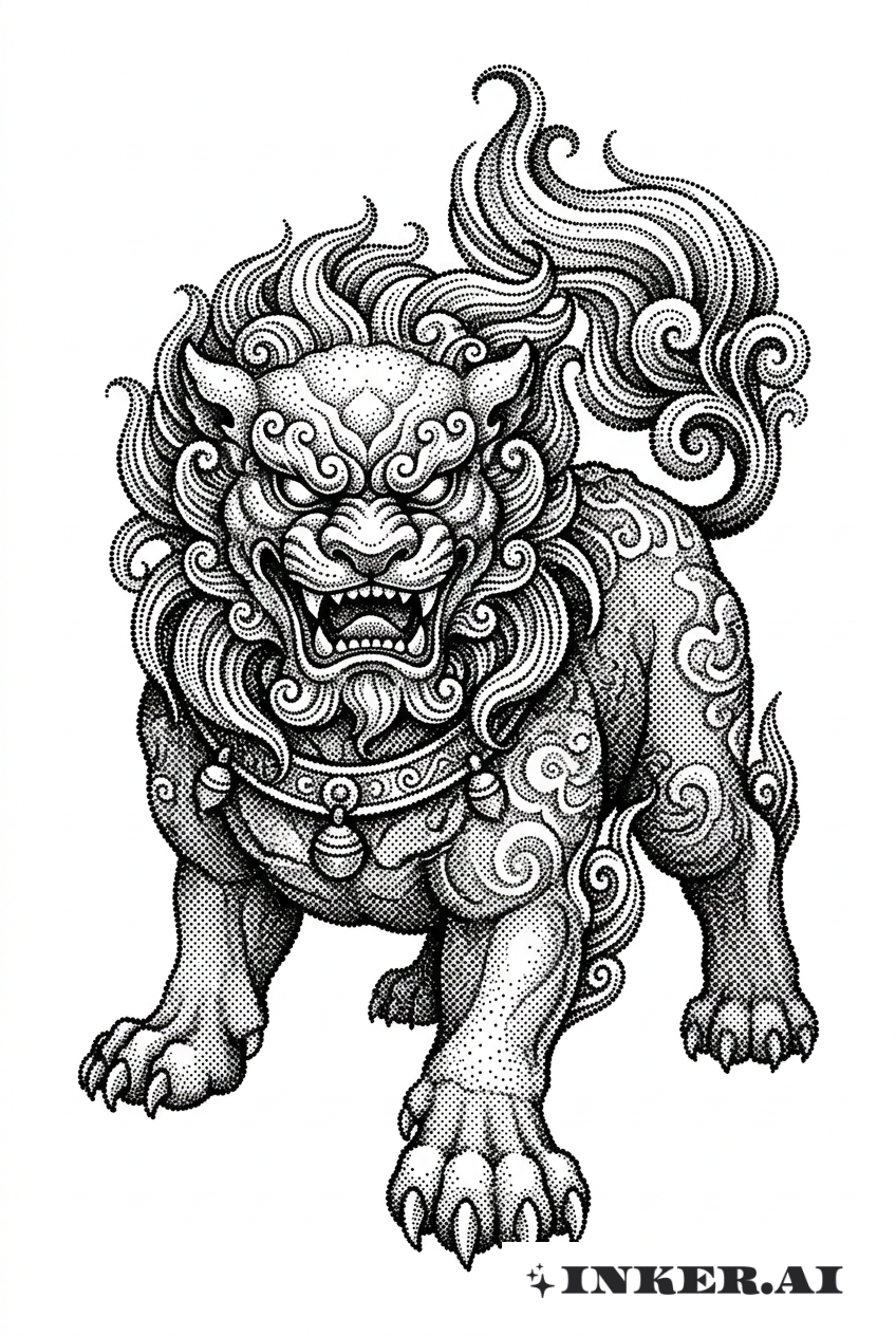 Cão de Fu Guardião em Pontilhismo