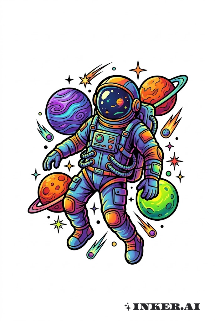 Astronaut schwebt mit leuchtenden Neonplaneten
