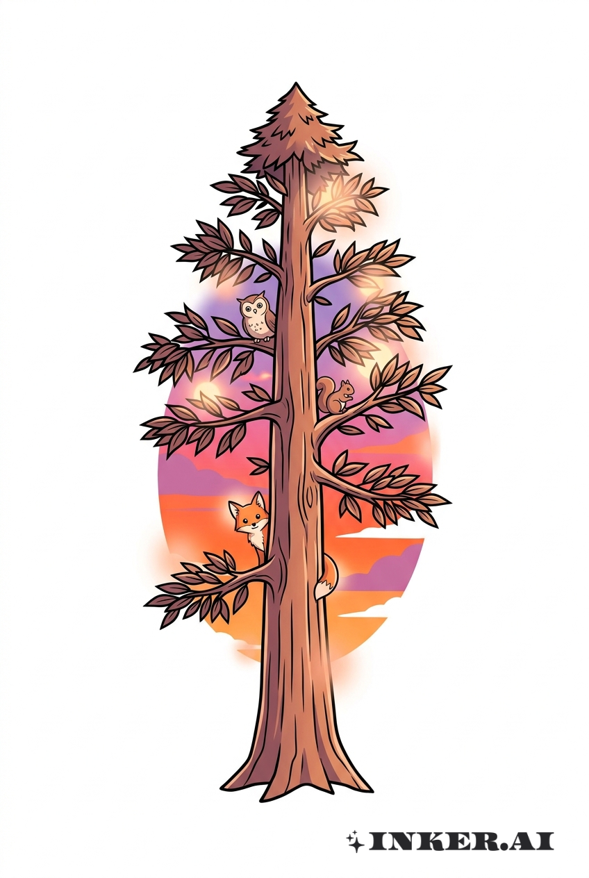 夕陽下的動畫紅木樹