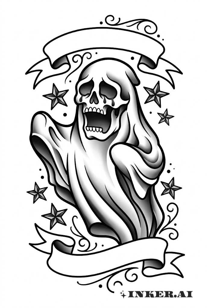 Wailing Ghost Skull Traditional Tattoo