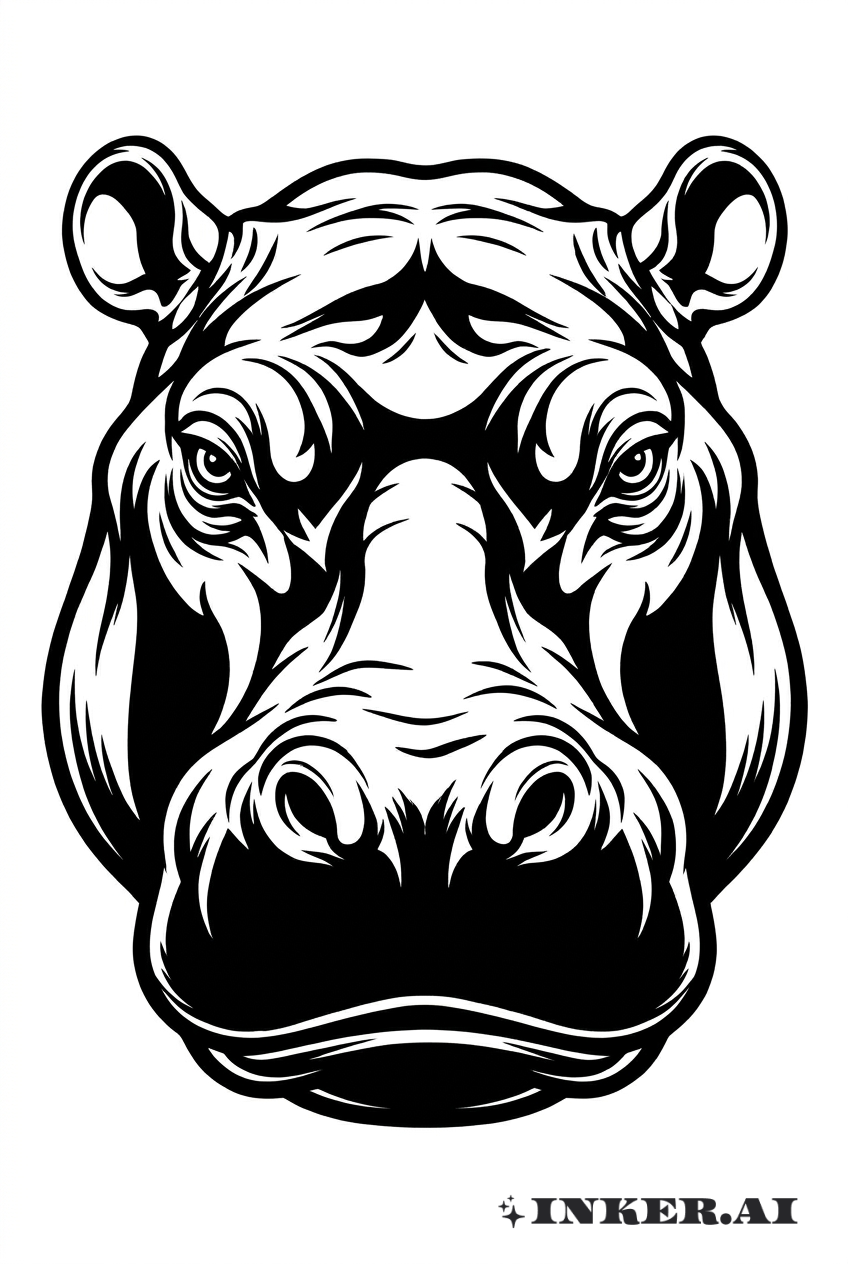 Stilisiertes Blackwork-Hippo Kopfporträt