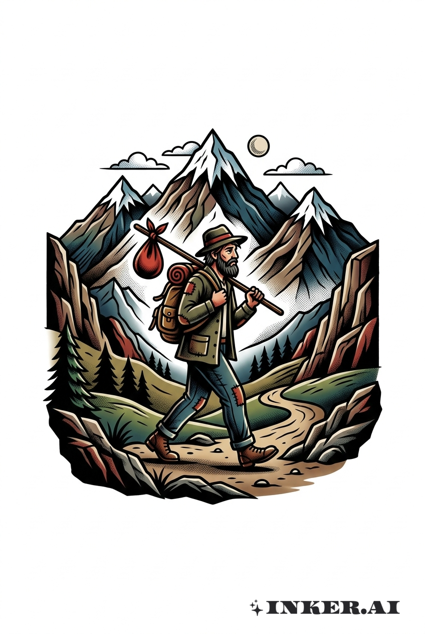 Vagabundo Caminhando Entre Montanhas Tatuagem Tradicional