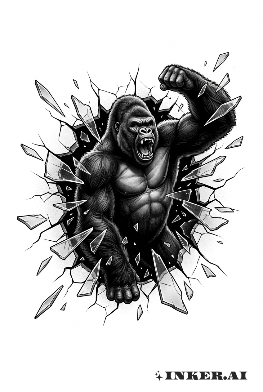 3D Gorilla mit Zerbrochenem Glas