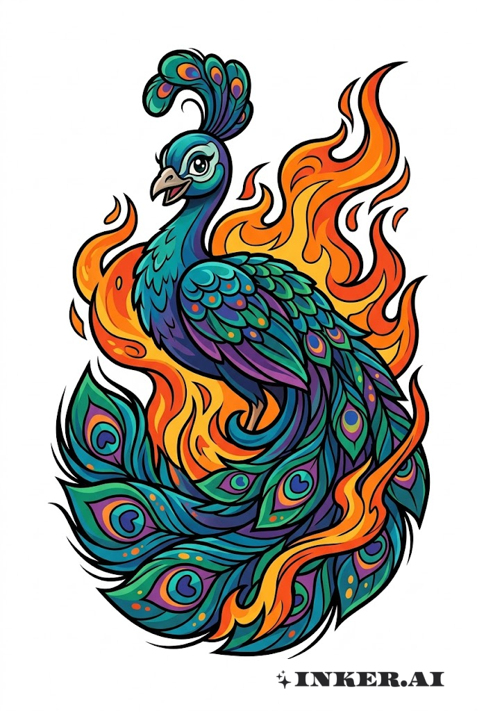 Peacock with Cartoon Flames