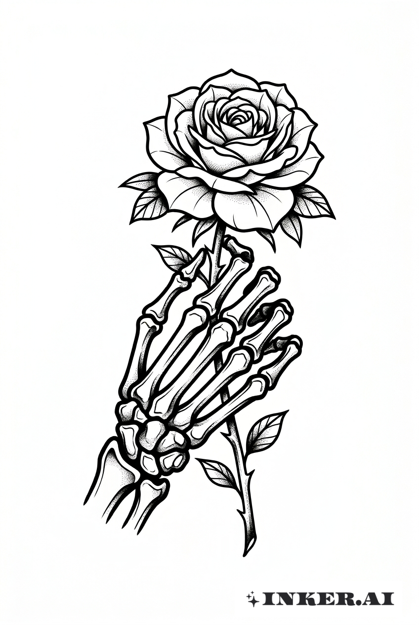 Schädelhand, eine Rose umfassend