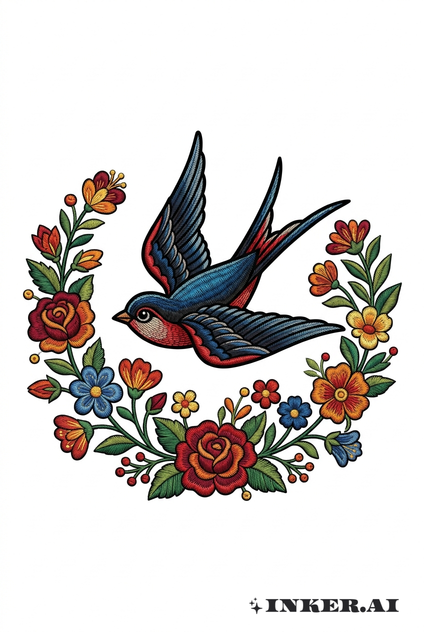 Bestickte Schwalbe und Blumen