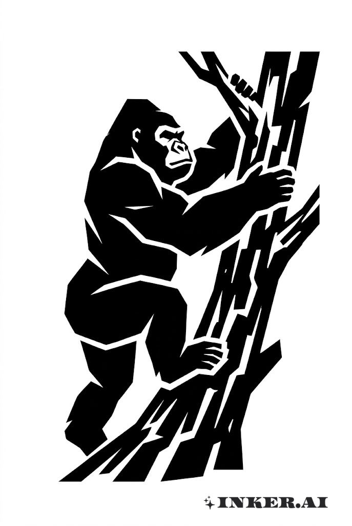 Gorilla klettert auf einen Baum im Blackwork-Stil