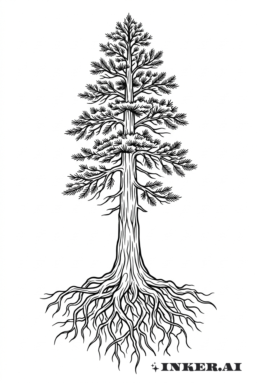 紅木樹根與樹冠素描