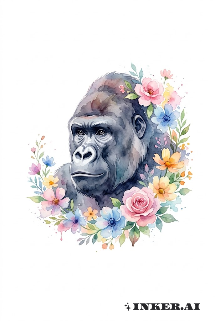 Aquarell-Gorilla und Blüten