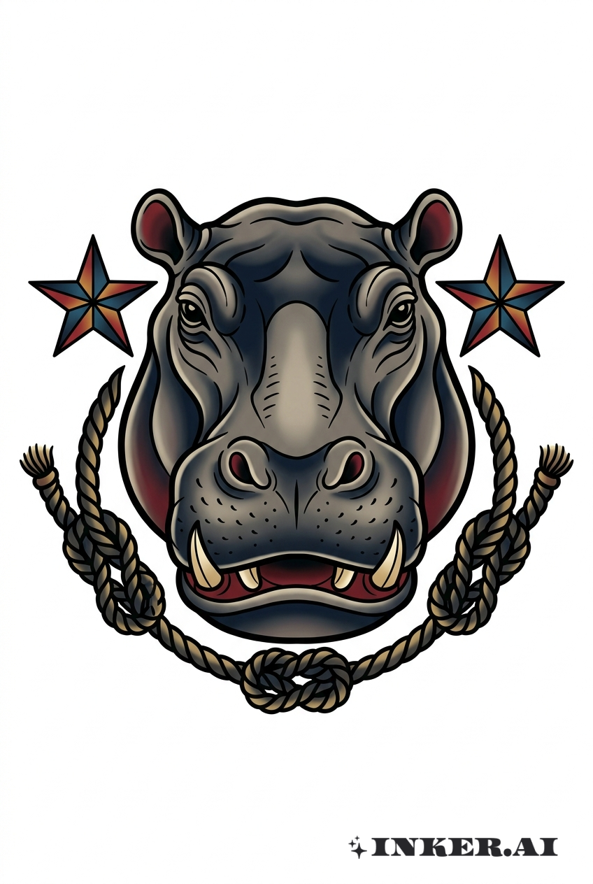 Traditionelles Nilpferdgesicht mit nautischen Sternen