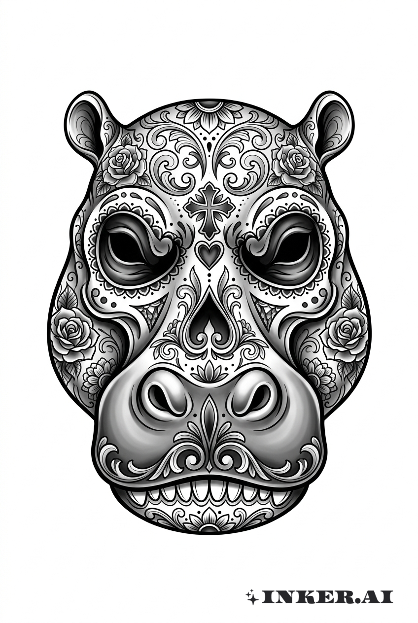 Chicano Flusspferd mit Tag der Toten Maske