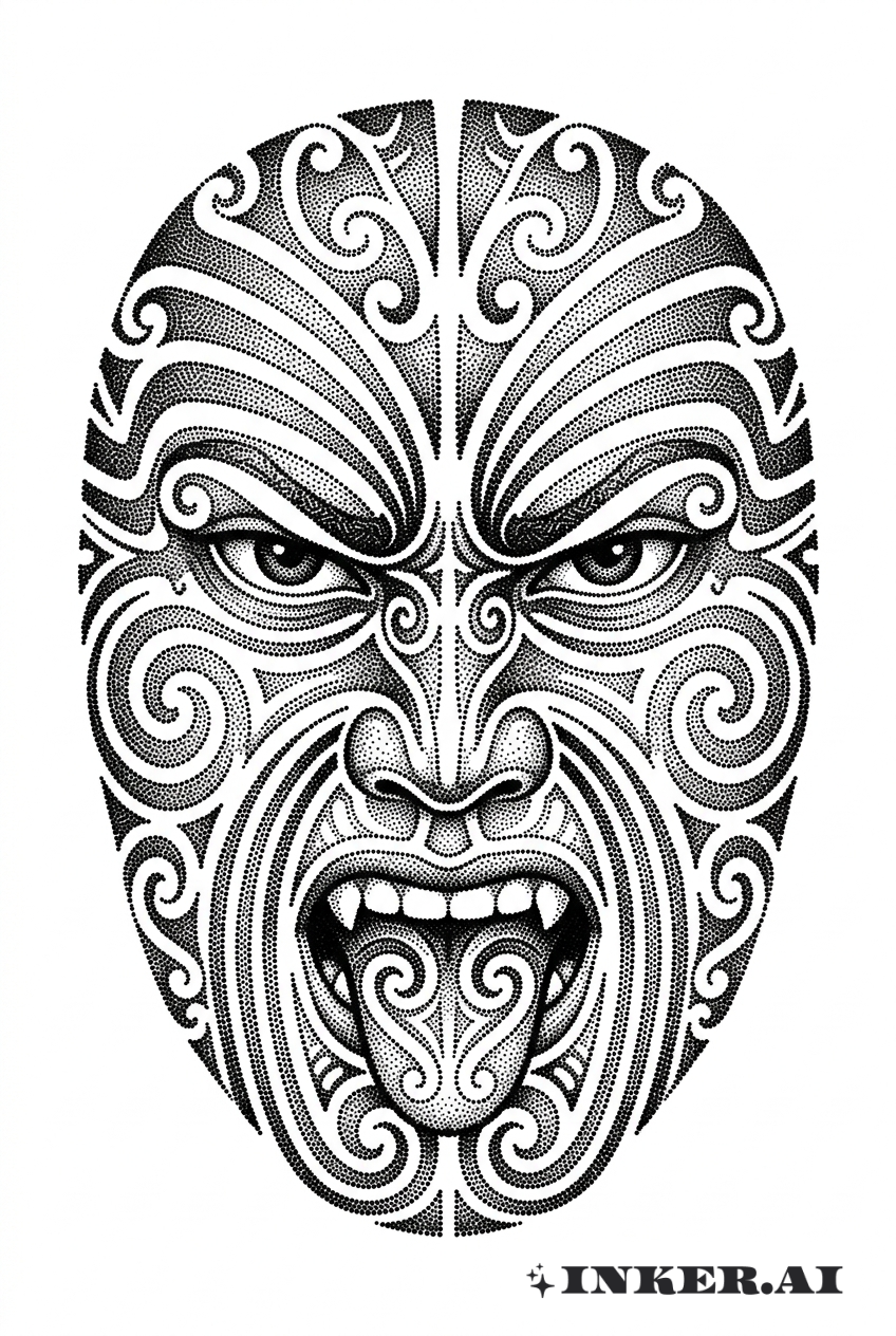 Visage de Gardien Maori en Dotwork