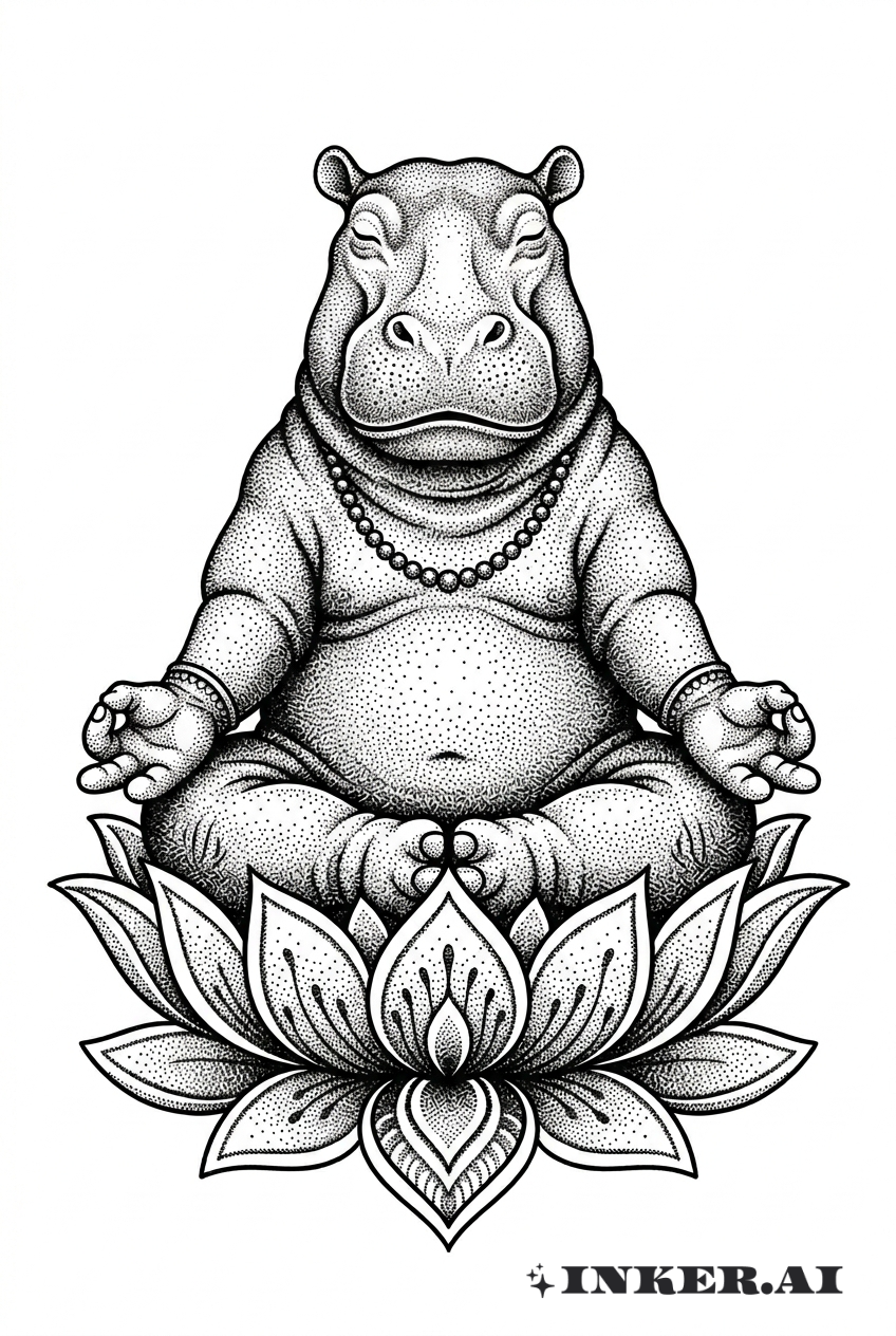 Dotwork Nilpferd in Lotus Stellung